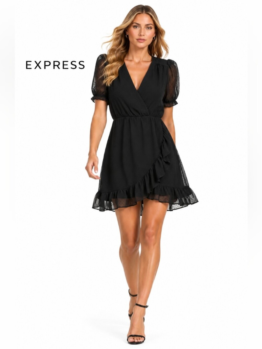 Express Black Swiss Dot Wrap Ruffle Dress Size Small